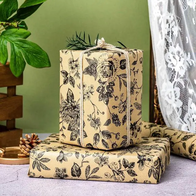 Alt view image 2 of 7 - Burymento Kraft Flowers Wrapping Paper, Roses and Chrysanthemums Mini Roll Gift Wrap for Birthday, Valentines, Mothers day, Graduation, Wedding, Fathers day, Baby Shower, Christmas (17in x 16.4ft)