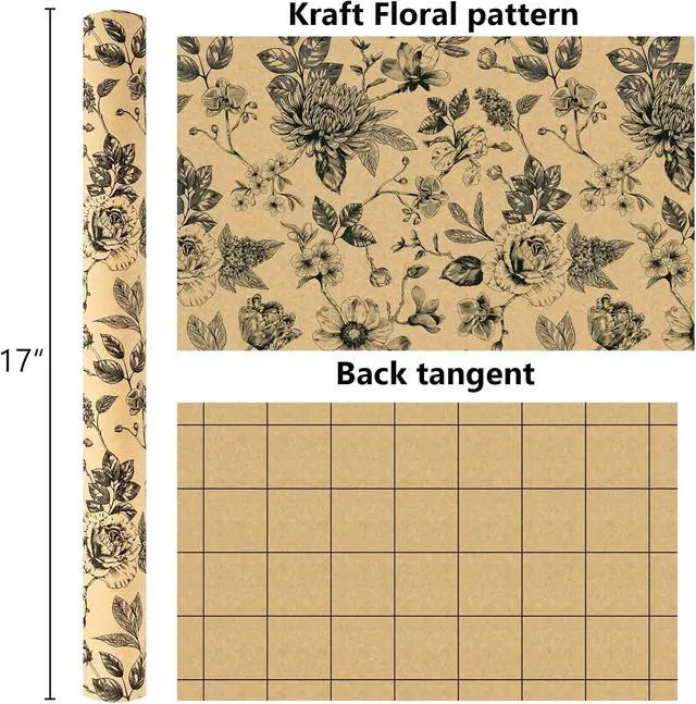 Alt view image 3 of 7 - Burymento Kraft Flowers Wrapping Paper, Roses and Chrysanthemums Mini Roll Gift Wrap for Birthday, Valentines, Mothers day, Graduation, Wedding, Fathers day, Baby Shower, Christmas (17in x 16.4ft)