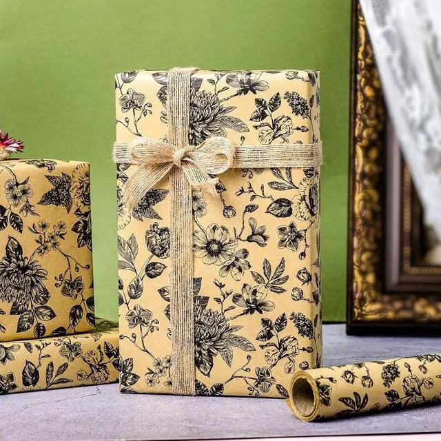 Alt view image 5 of 7 - Burymento Kraft Flowers Wrapping Paper, Roses and Chrysanthemums Mini Roll Gift Wrap for Birthday, Valentines, Mothers day, Graduation, Wedding, Fathers day, Baby Shower, Christmas (17in x 16.4ft)