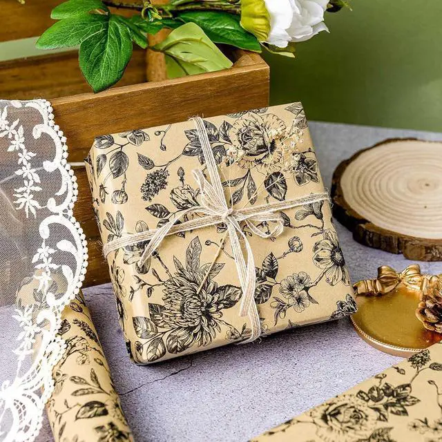 Alt view image 6 of 7 - Burymento Kraft Flowers Wrapping Paper, Roses and Chrysanthemums Mini Roll Gift Wrap for Birthday, Valentines, Mothers day, Graduation, Wedding, Fathers day, Baby Shower, Christmas (17in x 16.4ft)