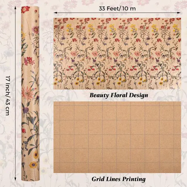 Alt view image 2 of 6 - woric Floral Wrapping Paper Roll for Women Girls 17 Inch x 33 Feet Kraft