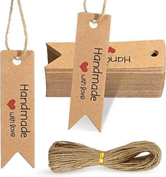 Main image of 100 Pcs Tags for Gift Bags 2.8X1 in Paper Gift Tags with 66 ft String Holiday Gifts Labels Handmade with Love Tag for Wedding Birthday Party Favors Gifts Wrapping DIY Arts and Crafts