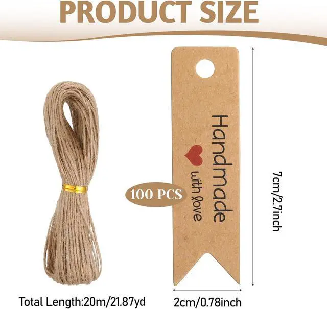 Alt view image 2 of 7 - 100 Pcs Tags for Gift Bags 2.8X1 in Paper Gift Tags with 66 ft String Holiday Gifts Labels Handmade with Love Tag for Wedding Birthday Party Favors Gifts Wrapping DIY Arts and Crafts