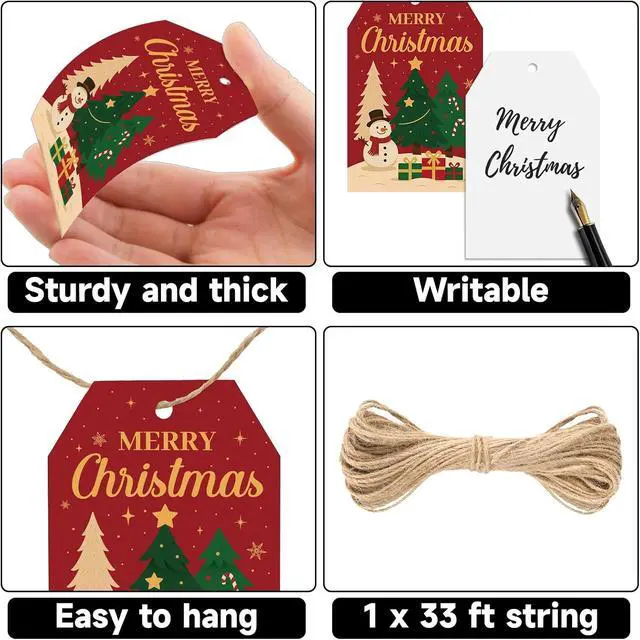 Alt view image 3 of 7 - G2PLUS Merry Christmas Tags - 50Pcs Red Christmas Paper Gift Tags with String, Xmas Tree Tag for Gift Wrapping, Candy Bags, DIY Crafts, Holiday Party Favors (3.3x2.2 in)