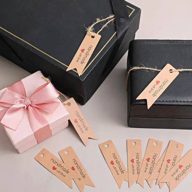 Alt view image 7 of 7 - 100 Pcs Tags for Gift Bags 2.8X1 in Paper Gift Tags with 66 ft String Holiday Gifts Labels Handmade with Love Tag for Wedding Birthday Party Favors Gifts Wrapping DIY Arts and Crafts