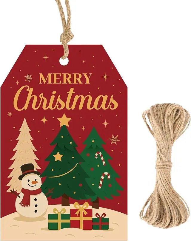 Main image of G2PLUS Merry Christmas Tags - 50Pcs Red Christmas Paper Gift Tags with String, Xmas Tree Tag for Gift Wrapping, Candy Bags, DIY Crafts, Holiday Party Favors (3.3x2.2 in)