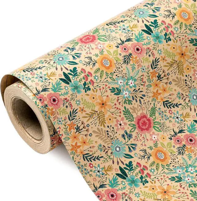 Main image of WRAPAHOLIC Kraft Floral Wrapping Paper Roll - Mini Roll - 17 Inch x 9.8 Feet - Spring Summer Garden Flower Design Perfect for Wedding, Bridal Shower, Birthday