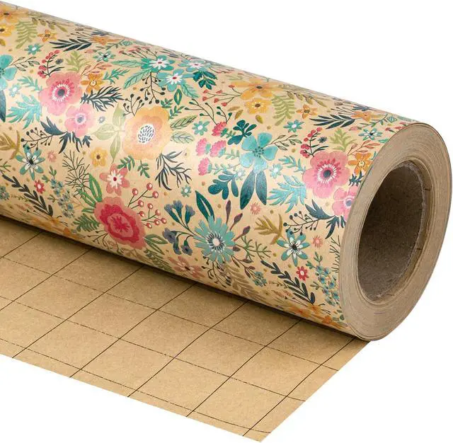 Alt view image 2 of 6 - WRAPAHOLIC Kraft Floral Wrapping Paper Roll - Mini Roll - 17 Inch x 9.8 Feet - Spring Summer Garden Flower Design Perfect for Wedding, Bridal Shower, Birthday