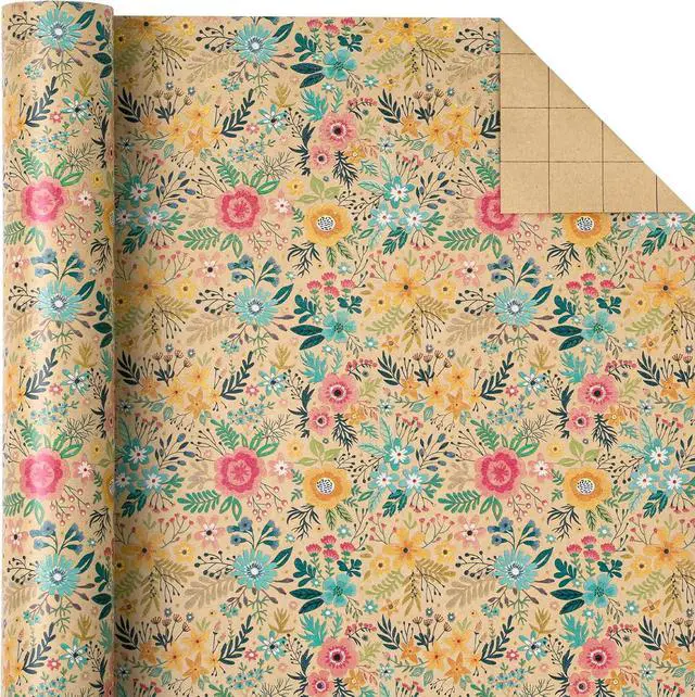 Alt view image 3 of 6 - WRAPAHOLIC Kraft Floral Wrapping Paper Roll - Mini Roll - 17 Inch x 9.8 Feet - Spring Summer Garden Flower Design Perfect for Wedding, Bridal Shower, Birthday