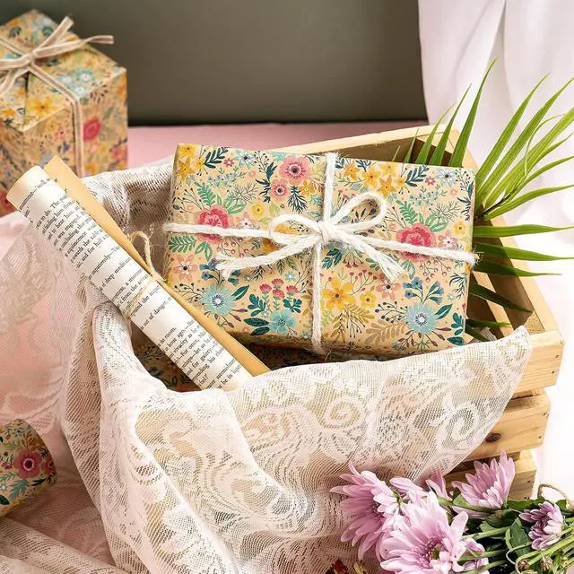 Alt view image 4 of 6 - WRAPAHOLIC Kraft Floral Wrapping Paper Roll - Mini Roll - 17 Inch x 9.8 Feet - Spring Summer Garden Flower Design Perfect for Wedding, Bridal Shower, Birthday