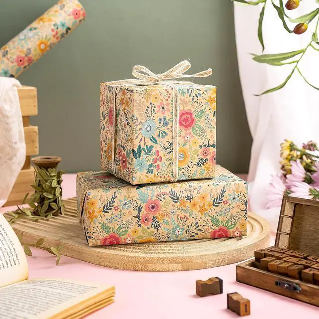 Alt view image 5 of 6 - WRAPAHOLIC Kraft Floral Wrapping Paper Roll - Mini Roll - 17 Inch x 9.8 Feet - Spring Summer Garden Flower Design Perfect for Wedding, Bridal Shower, Birthday