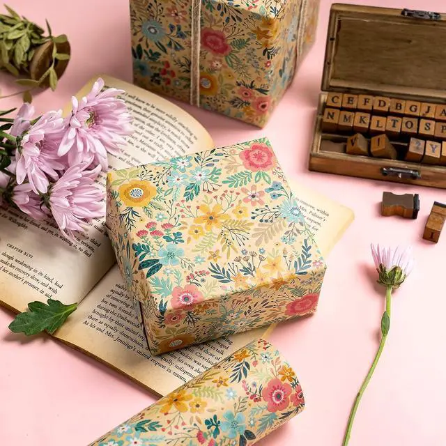 Alt view image 6 of 6 - WRAPAHOLIC Kraft Floral Wrapping Paper Roll - Mini Roll - 17 Inch x 9.8 Feet - Spring Summer Garden Flower Design Perfect for Wedding, Bridal Shower, Birthday