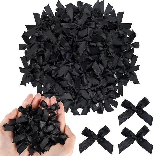 Main image of NEBURORA 100 Pcs Mini Black Satin Fabric Ribbons Bows with Dot Stickers