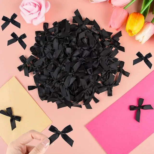 Alt view image 6 of 7 - NEBURORA 100 Pcs Mini Black Satin Fabric Ribbons Bows with Dot Stickers