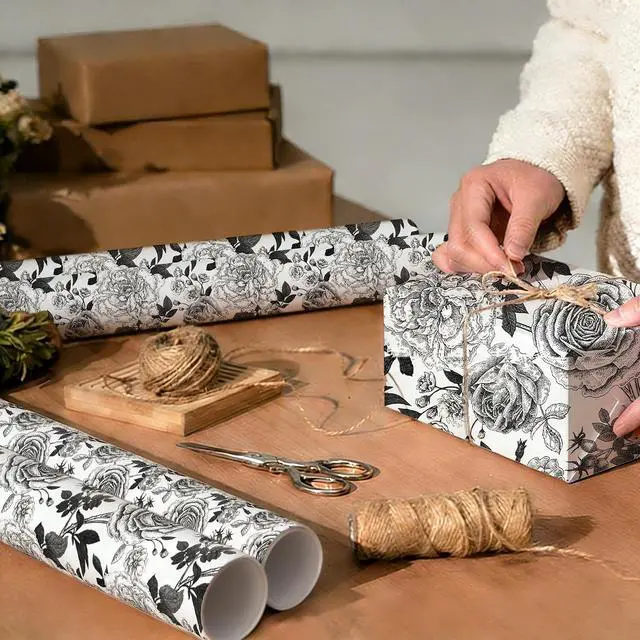 Alt view image 3 of 7 - YXTII Black and White Wrapping Paper with Cut Lines, Flower Gift Wrap for Birthday, Wedding, Baby Shower, Valentines, Christmas, Bridal Shower, 17 Inches x 9.8 Feet, Mini Roll