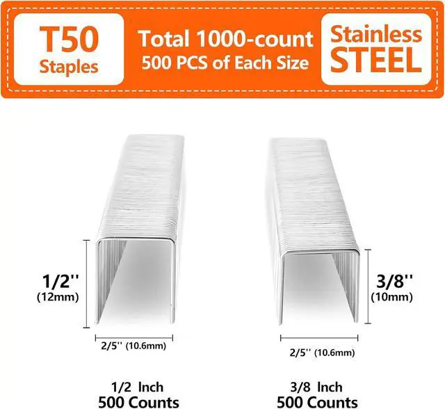 Alt view image 2 of 6 - Heavy Duty T50 Staples 1000-Count 2 Sizes 304 Stainless Steel