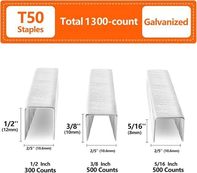 Alt view image 2 of 6 - Heavy Duty T50 Staples 1300-Count 3 Sizes Galvanized 3/8" Crown