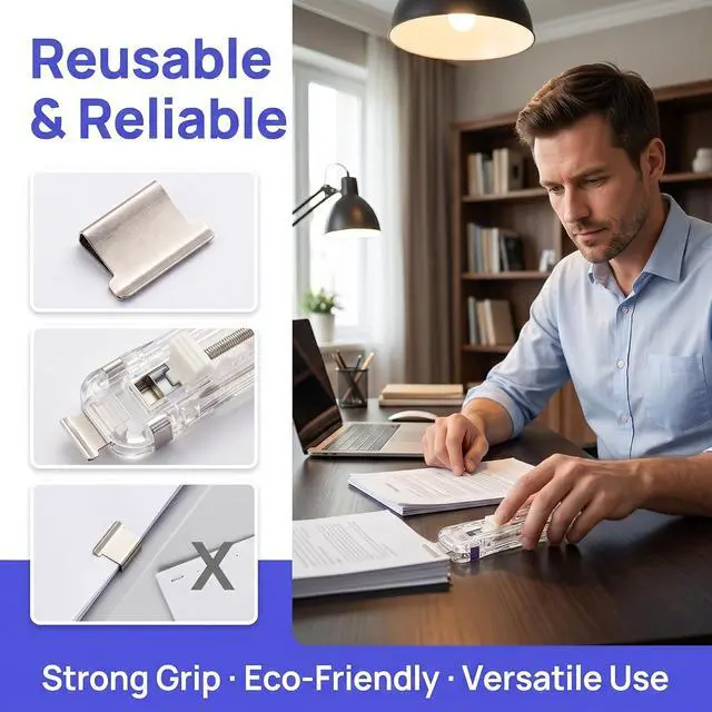 Alt view image 2 of 7 - 2026 New Portable Binder Clip Stapler - Includes 100 Reusable Clips, Reusable Handheld Paper Clam Clip Dispenser, Mini Push Stapler Clamp Staplers for Office School Home Documents