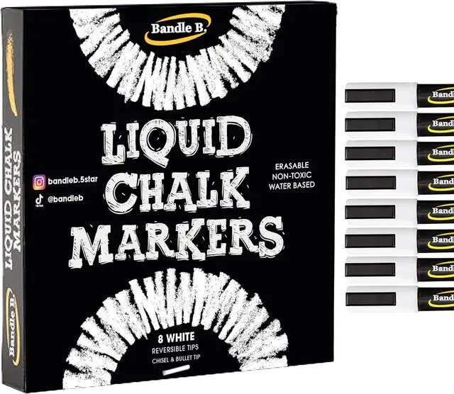 Main image of Bandle B. Chalk Markers - 8 White, Erasable, Non-Toxic, Water-Based, Reversible Tips, Crisp White For Kids and Grown-Ups for Glass and Chalkboard Markers for Businesses, Restaurants (6mm)