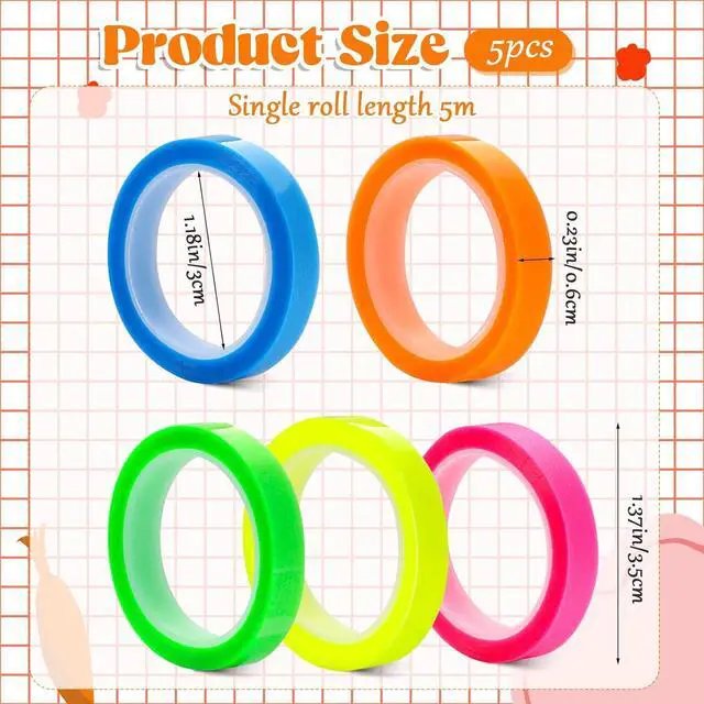 Alt view image 2 of 7 - 5 Rolls Highlighter Tape Colored Transparent Marking Sticker Removable Fluorescent Neon Tape Annotation Supplies for Teachers Students Reading Home Office (0.23inch X 16ft)