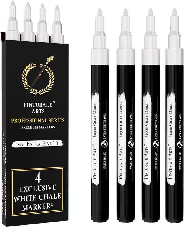 Main image of Pinturale Arts 4 Extra Fine Tip White Chalk Markers | 1mm Tip | For Windows, Blackboard, Dry Erase Board, Chalkboards, Glass, Easy Erase | White Chalk Pens Fine Tip
