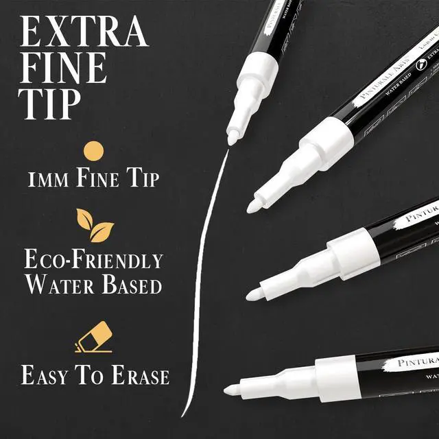 Alt view image 2 of 7 - Pinturale Arts 4 Extra Fine Tip White Chalk Markers | 1mm Tip | For Windows, Blackboard, Dry Erase Board, Chalkboards, Glass, Easy Erase | White Chalk Pens Fine Tip