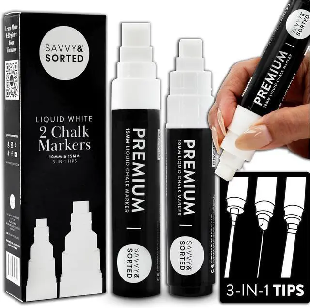 Main image of White Chalk Markers for Blackboard, 2PK 10 and 15mm Bold Marker for Glass Window, Washable Chalkboard Markers Paint Board Jumbo Chalk Pens