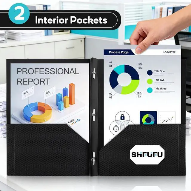 Alt view image 5 of 7 - Textured Folders with Pockets and Prongs (3 Pack,Black),Fit Letter Size Paper,Business Card Slot,2-Pocket Folder for School Office or Home,Durable Acid-Free Poly,Back to School Supplies