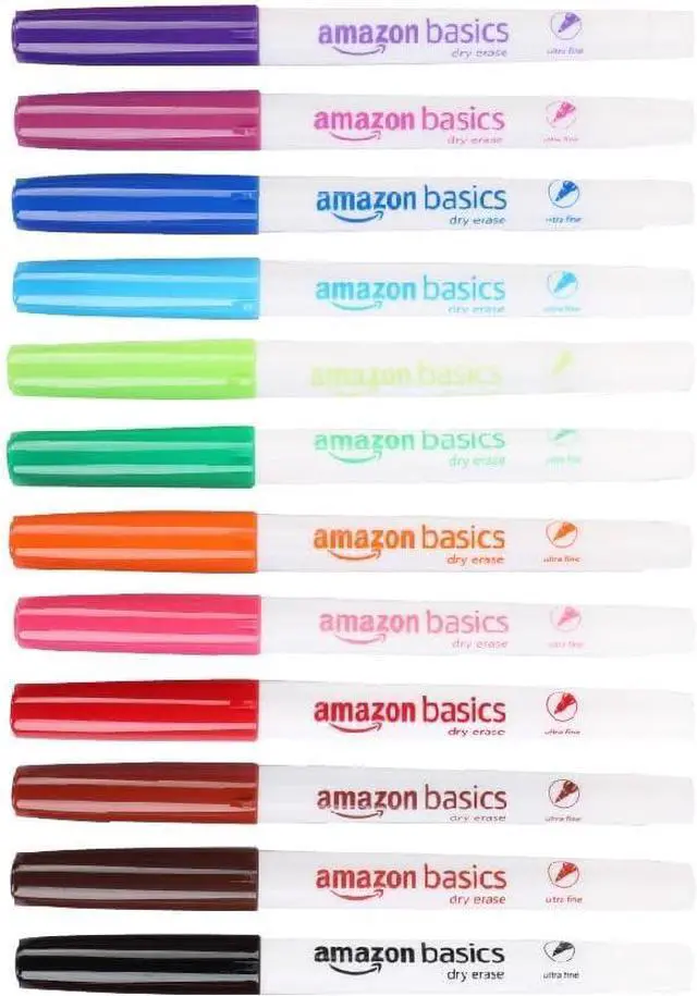Main image of Amazon Basics Low Odor Ultra Fine Tip Dry Erase Whiteboard Markers for Precise Writing, Thin Lines, Assorted Colors, 12-Pack