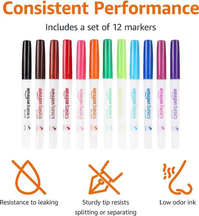 Alt view image 2 of 7 - Amazon Basics Low Odor Ultra Fine Tip Dry Erase Whiteboard Markers for Precise Writing, Thin Lines, Assorted Colors, 12-Pack