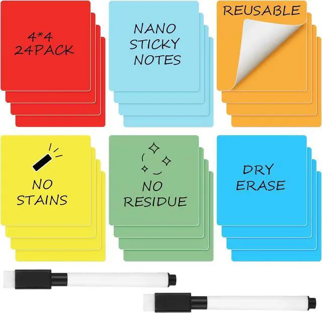 Main image of Crtiin 24 Pack Dry Erase Sticky Notes Reusable Whiteboard Stickers Washable Erasable Self Sticker with 2 Whiteboard Markers for School Office Labels Lists Reminder (Colorful, 3 x 3 Inch)