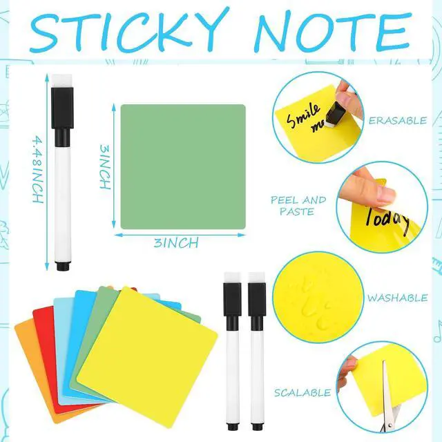Alt view image 2 of 6 - Crtiin 24 Pack Dry Erase Sticky Notes Reusable Whiteboard Stickers Washable Erasable Self Sticker with 2 Whiteboard Markers for School Office Labels Lists Reminder (Colorful, 3 x 3 Inch)