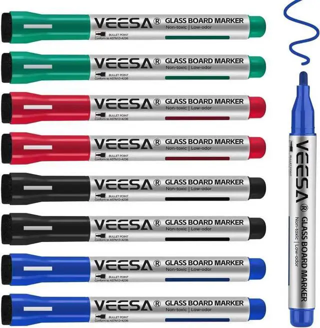 Main image of VEESA Glass Board Markers, 8 Count, Magnetic, Bullet Tip, 4 Assorted Colors