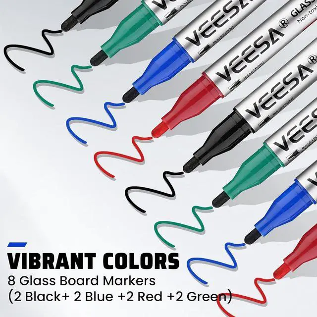 Alt view image 3 of 7 - VEESA Glass Board Markers, 8 Count, Magnetic, Bullet Tip, 4 Assorted Colors