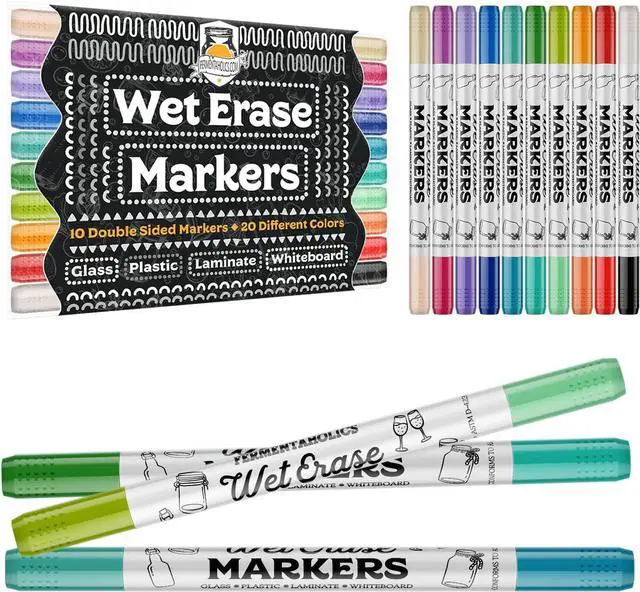 Main image of Fermentaholics Wet Erase Markers 10 Double-Sided, 20 Color Set Soft Tip for Bold Writing Erasable with Soap & Water For Glass, Plastic, Acrylic, Laminate & Non-Porous Surfaces