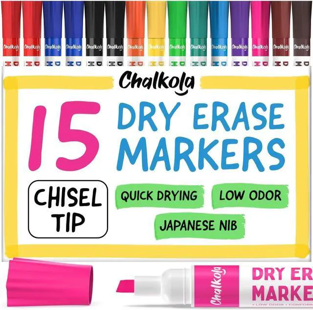 Main image of Chalkola 15 Dry Erase Markers Chisel Tip - Whiteboard Markers, 12 Colors