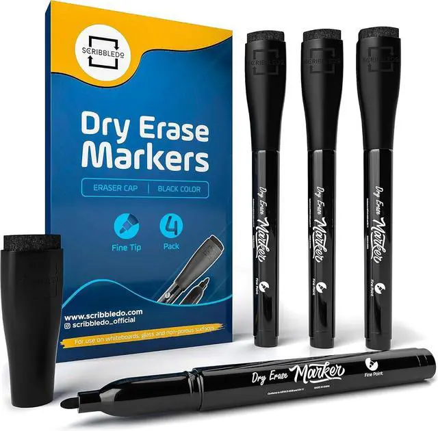 Main image of Scribbledo 4 Pack Fine Tip Dry Erase Markers Black Low-Odor Whiteboard Markers with Eraser Cap for Office Meetings Planning Boards & Home Workspace