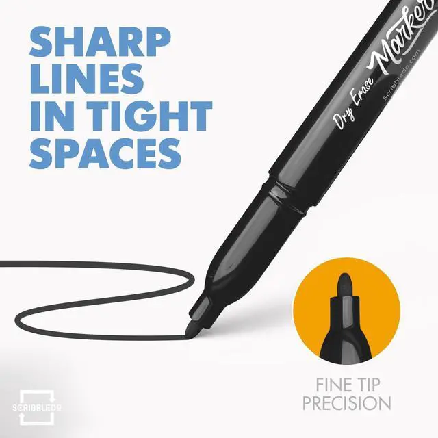 Alt view image 3 of 7 - Scribbledo 4 Pack Fine Tip Dry Erase Markers Black Low-Odor Whiteboard Markers with Eraser Cap for Office Meetings Planning Boards & Home Workspace