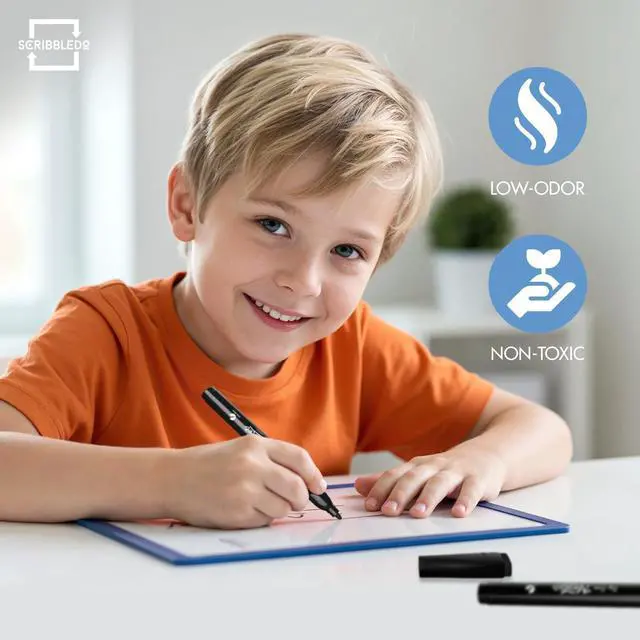 Alt view image 7 of 7 - Scribbledo 4 Pack Fine Tip Dry Erase Markers Black Low-Odor Whiteboard Markers with Eraser Cap for Office Meetings Planning Boards & Home Workspace