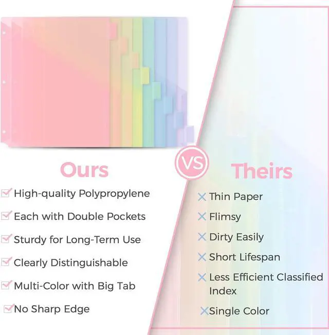 Alt view image 4 of 7 - SKYDUE Pastel Binder Dividers with Tabs and Pockets - Soft Plastic Dividers for 3 Ring Binder, Includes 16 Blank Index Labels, for School & Office Organization, Pink