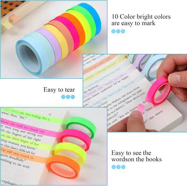 Alt view image 3 of 7 - Utron 10 Rolls Colorful Highlighter Tape, 0.31" x 16.5 ft Highlighter Tape Removable, Transparent Highlighter Strips, Highlighter Tapes for Books Teachers Students