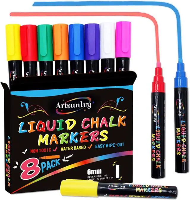Main image of Artsunlvy 8 Colors Chalk Markers, Chalk Pens, Erase Marker, Non-Toxic, Water-Based, Reversible Tips, Chalkboard Markers for Adult, Car Windows, Glass