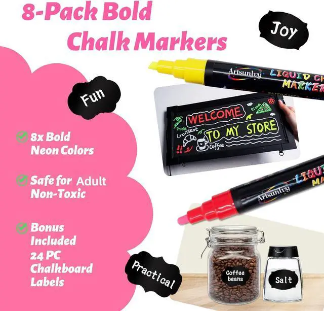 Alt view image 4 of 7 - Artsunlvy 8 Colors Chalk Markers, Chalk Pens, Erase Marker, Non-Toxic, Water-Based, Reversible Tips, Chalkboard Markers for Adult, Car Windows, Glass