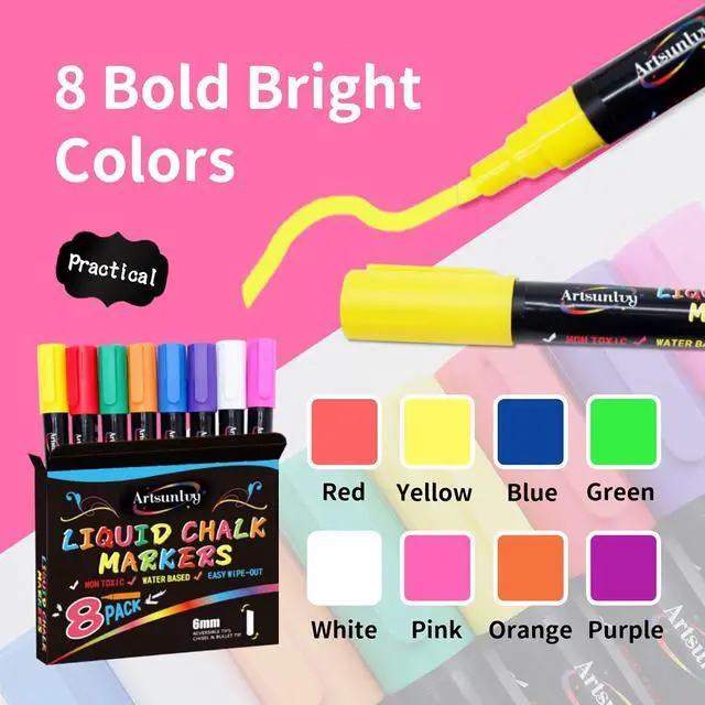 Alt view image 5 of 7 - Artsunlvy 8 Colors Chalk Markers, Chalk Pens, Erase Marker, Non-Toxic, Water-Based, Reversible Tips, Chalkboard Markers for Adult, Car Windows, Glass