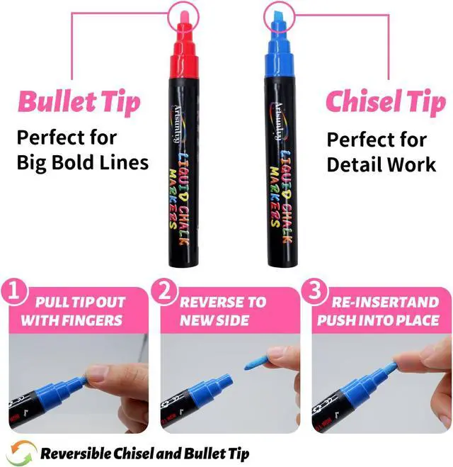 Alt view image 6 of 7 - Artsunlvy 8 Colors Chalk Markers, Chalk Pens, Erase Marker, Non-Toxic, Water-Based, Reversible Tips, Chalkboard Markers for Adult, Car Windows, Glass