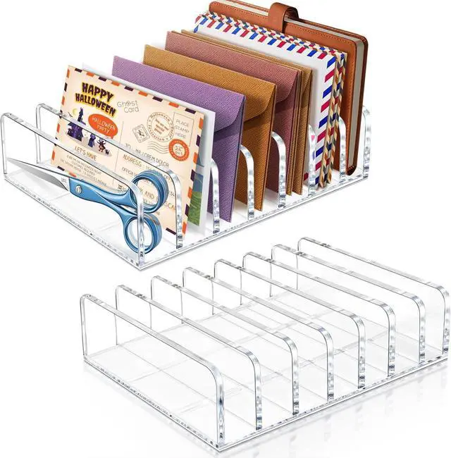 Main image of Vowcarol 2 Packs Acrylic Mail Organizer 7 Slots Cash Tray for Desk - 7 Slots File Organizer Clear Desktop Bill Divider Holder, Envelope Holder, Transparent Countertop Mail Holder