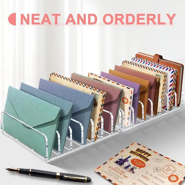 Alt view image 4 of 7 - Vowcarol 2 Packs Acrylic Mail Organizer 7 Slots Cash Tray for Desk - 7 Slots File Organizer Clear Desktop Bill Divider Holder, Envelope Holder, Transparent Countertop Mail Holder