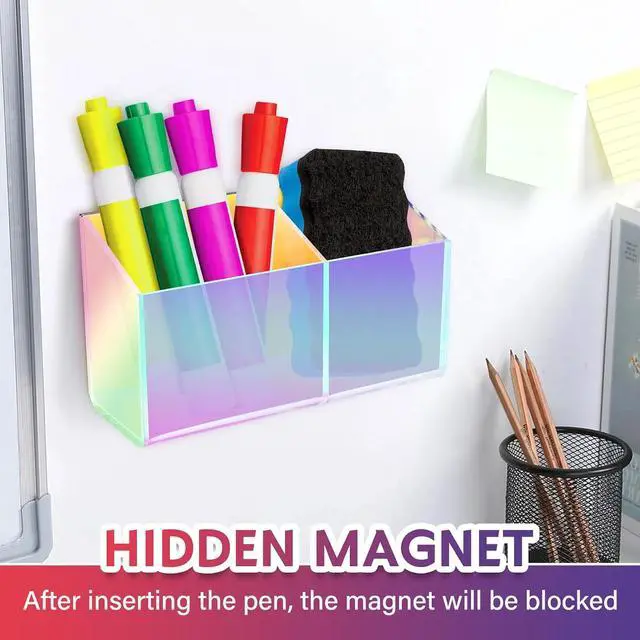 Alt view image 6 of 7 - Magnetic Dry Erase Marker Holder for WhiteboardAcrylic Magnetic Pen Holder for Fridge, 2 Compartments Whiteboard for Office, Home, Locker(Clear)-Colorful