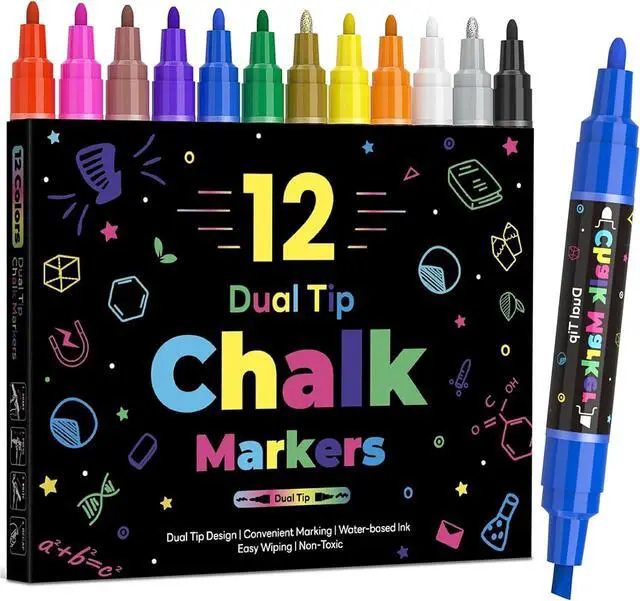 Main image of 12 Dual Tip Liquid Chalk Markers - Erasable Marker Pens for Blackboard, Chalkboard Signs, Glass, Chalk Pens Wet Erase Makers for Bar Menu, School,Wedding Sign, Just Married Car Windows Decorations