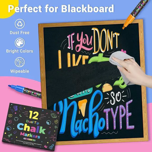 Alt view image 4 of 7 - 12 Dual Tip Liquid Chalk Markers - Erasable Marker Pens for Blackboard, Chalkboard Signs, Glass, Chalk Pens Wet Erase Makers for Bar Menu, School,Wedding Sign, Just Married Car Windows Decorations